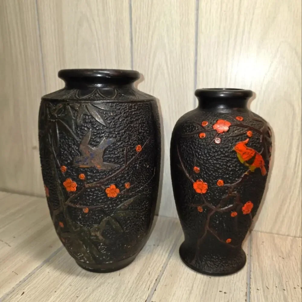 Vtg Early 20th Cetury Japanese Vases Tokanabe Ware Black Pottery Birds Japan